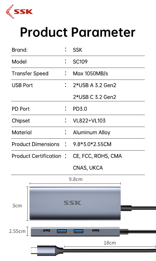 SSK SC109 4-In-1 USB-C Hub Multiport Adapter