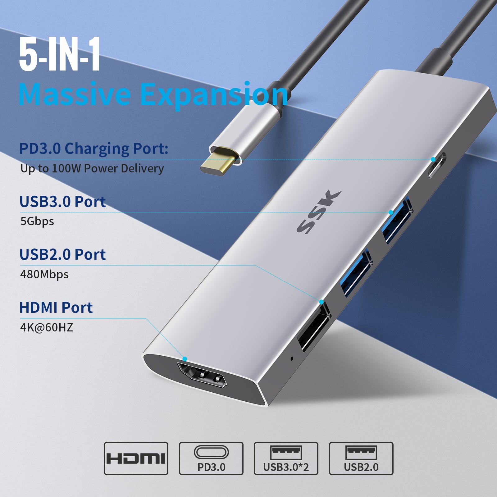 SSK SC212 5-In-1 USB-C Hub Multiport Adapter