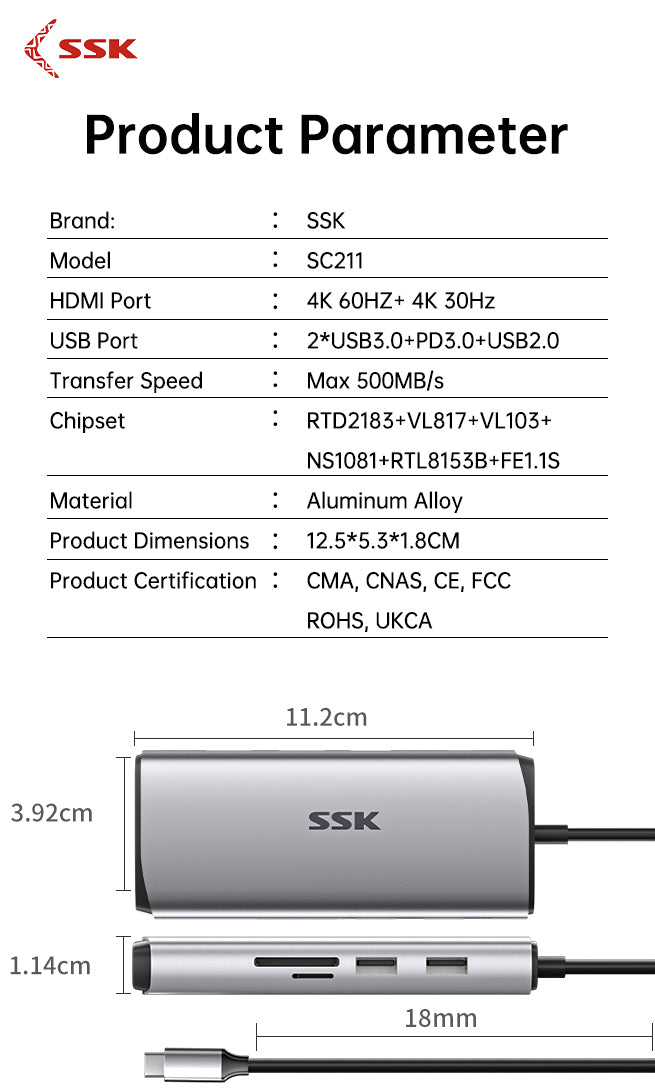 SSK SC211 11-In-1 USB-C Hub Multiport Adapter