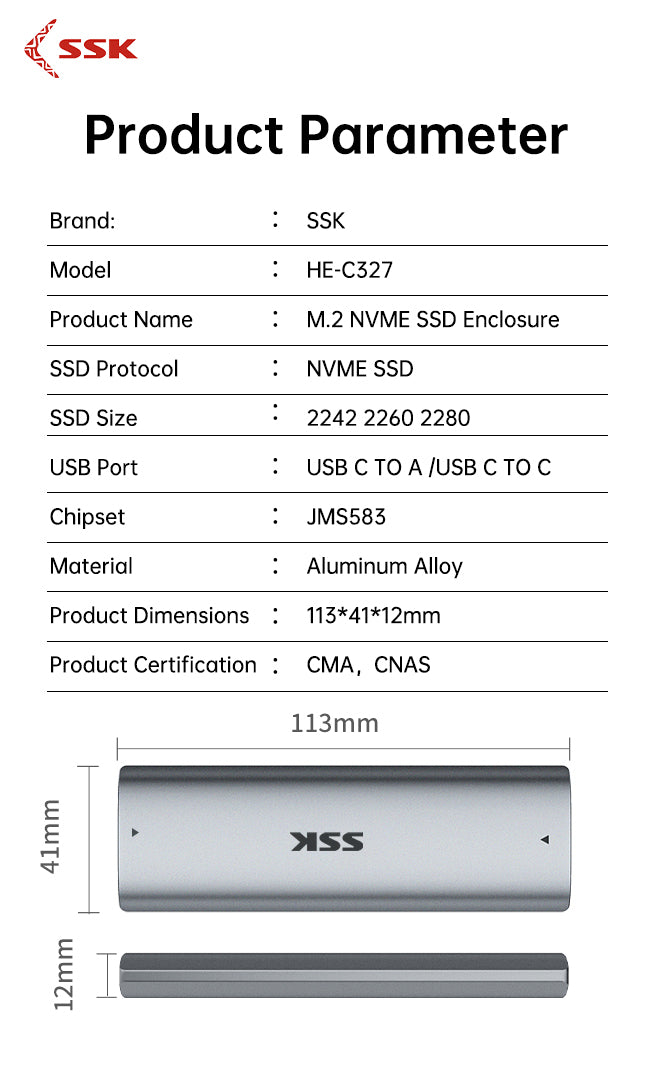 SSK HE-C327 M.2 NVME SSD Enclosure