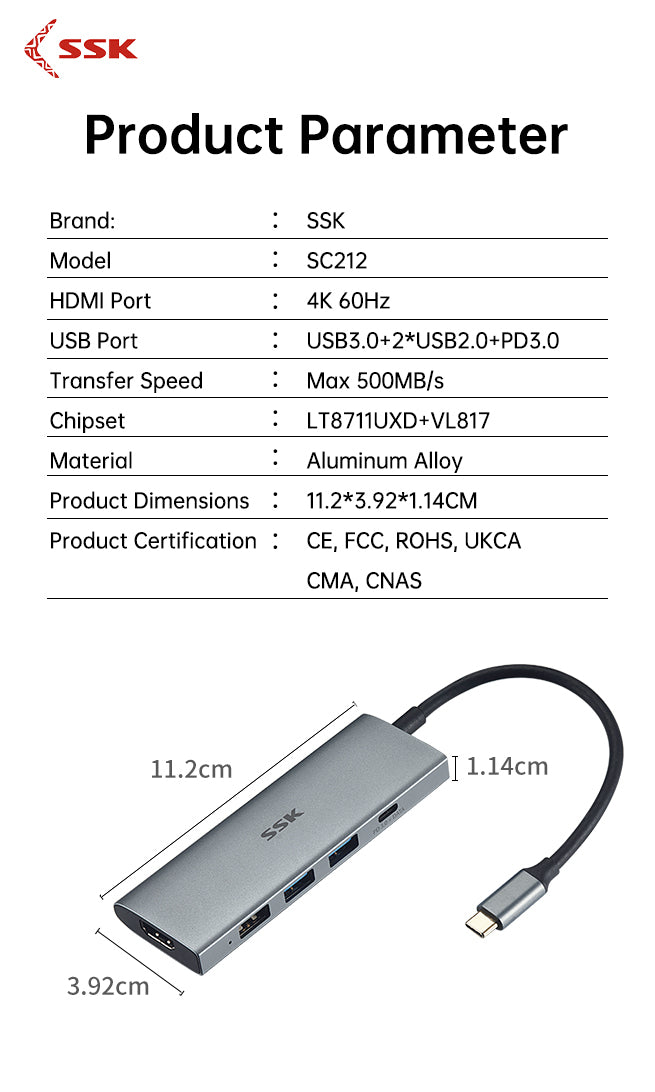 SSK SC212 5-In-1 USB-C Hub Multiport Adapter
