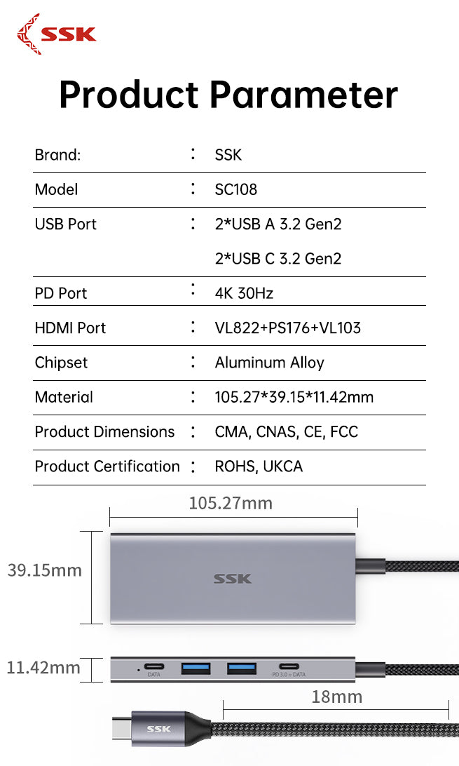 SSK SC108 5-In-1 USB-C Hub Multiport Adapter